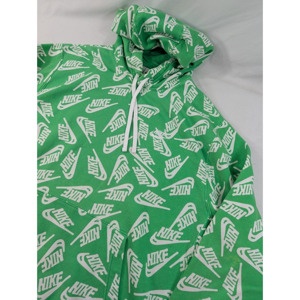 Nike Hoodie Mens XL Green All Over Print Swoosh Logo Pullover Fleece *Read